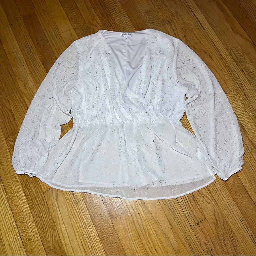 White & Gold Sparkle Surplice Peplum Blouse